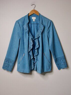 Chico's Blue Faux Suede Blazer Jacket Cutout Trim Detail Ruffle Collar Large
